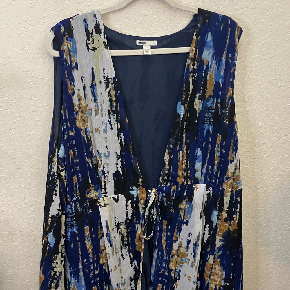 Abstract Blue and Gold Sleeveless kimono Dress